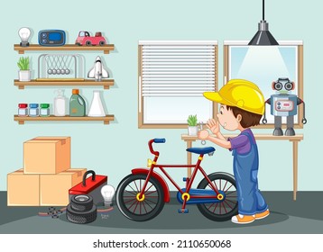 A boy fixing a bicycle in the room scene illustration