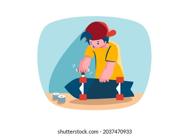 A boy is fixing his skateboard by whence.Hipster boy in yellow shirt and red cap is using skate tool to fix a wheel.Illustration of a man and skateboard on isolated blue background. 