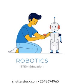 Boy Fixing Humanoid Robot STEM Robotics Project. Teen Engineering Student Repairs Robot Hands-on STEM Learning. STEM Education for Kids Programming Humanoid Robots. Vector illustration