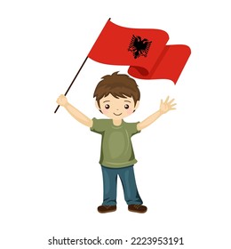 Boy with the flag of Albania, a beautiful little child holds the flag of Albania in his hand in flat style. vector illustration