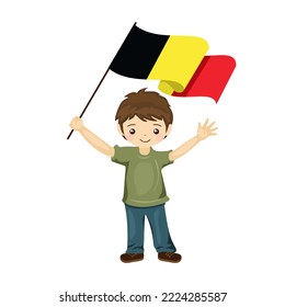 Boy with the flag of Belgium, a beautiful little child holds the flag of Belgium in his hand in flat style. vector illustration