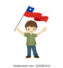 Boy with the flag of Chile, a beautiful little child holds the flag of Chile in his hand in flat style. vector illustration