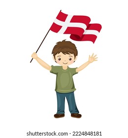 Boy with the flag of Denmark, a beautiful little child holds the flag of Denmark in his hand in flat style. vector illustration