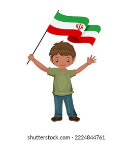 Boy with the flag of Iran, a beautiful little child holds the flag of Iran in his hand in flat style. vector illustration