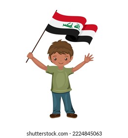 Boy with the flag of Iraq, a beautiful little child holds the flag of Iraq in his hand in flat style. vector illustration