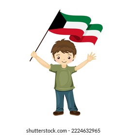 Boy with the flag of Kuwait, a beautiful little child holds the flag of Kuwait in his hand in flat style. vector illustration