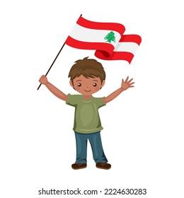 Boy with the flag of Lebanon, a beautiful little child holds the flag of Lebanon in his hand in flat style. vector illustration