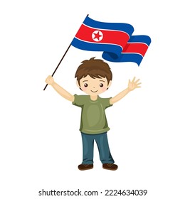 Boy with the flag of North Korea, a beautiful little child holds the flag of North Korea in his hand in flat style. vector illustration