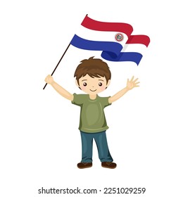 Boy with the flag of Paraguay, a beautiful little child holds the flag of Paraguay in his hand in flat style. vector illustration