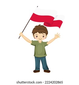 Boy with the flag of Poland, a beautiful little child holds the flag of Poland in his hand in flat style. vector illustration