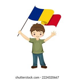 Boy with the flag of Romania, a beautiful little child holds the flag of Romania in his hand in flat style. vector illustration