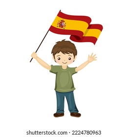 Boy with the flag of Spain, a beautiful little child holds the flag of Spain in his hand in flat style. vector illustration