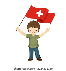 Boy with the flag of Switzerland, a beautiful little child holds the flag of Switzerland in his hand in flat style. vector illustration