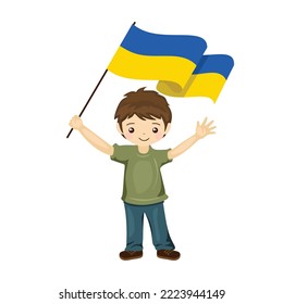 Boy with the flag of ukraine, a beautiful little child holds the flag of ukraine in his hand in flat style. vector illustration