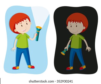 Boy with flashlight on and off illustration