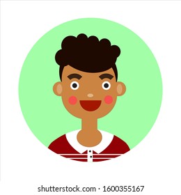 Boy flat design character curly brown hair dark skin with soft blue circle background, vector illustration eps 10