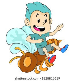 the boy flew on the bee. cartoon illustration sticker