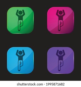 Boy Flexining Leg And With Arms Up four color glass button icon