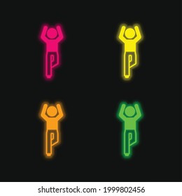 Boy Flexining Leg And With Arms Up four color glowing neon vector icon