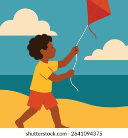 Boy flies kite on beach, simple illustration style