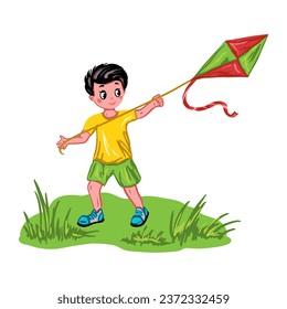 Un niño vuela una cometa sobre un césped verde. Ilustración vectorial sobre un tema infantil. Tarjetas de felicitación, invitaciones, banners temáticos, ilustraciones de libros.