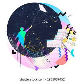 Boy flies a kite in the universe. Symbol of dream, motivation. Zine culture concept. Hand drawn vector glitch tattoo, contemporary  cyberpunk collage. Vaporwave art. Surreal pop culture style 