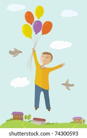 The boy flies on balloons. Vector illustration