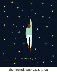 Boy in a flies through the night sky to a bright star. Child touching the stars in the sky. Space flying man astronaut. Kids dream. Landing page. Hand drawn style. Trendy flat vector illustration.