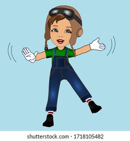 muchacho en casco de vuelo con gafas y extendió sus brazos a los lados, emoticono en un fondo azul aislado