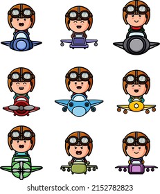 The boy flight the plane with the different expression mascot bundle set of illustration