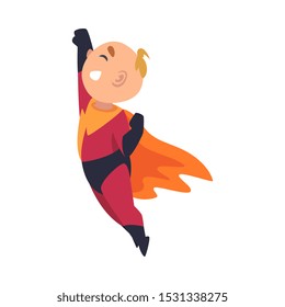 Boy in flight pose holds his hand up cartoon vector illustration