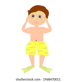 Boy with flippers and diving mask.Little vector diver isolated on white background.
