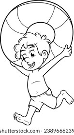 Boy with a float in his hands running, uncolored vector illustration to paint.
