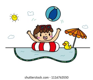 A boy float in the swimming pool. play beach ball/ Orange  umbrella / smiley sun/ good-day Life ring/ sunglasses / Yellow duck.