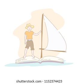 Boy floating on book with sail. Hand drawn style doodle design. Vector illustration