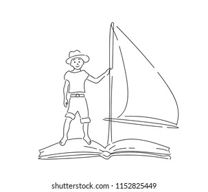 Boy floating on book with sail. Hand drawn style doodle design. Vector illustration