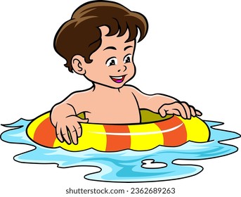 Boy floating on inflatable circle pool