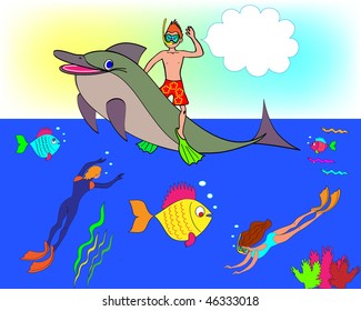 The boy also floats on a dolphin against the sky of ocean or the sea, fishes and divers
