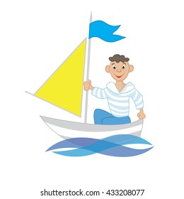 a boy floats on a sailing boat in the sea