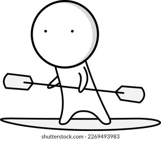 A boy floats on a surfboard, surfing with a paddle in his hands.
