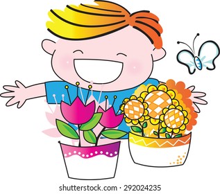 boy with flower and butterfly