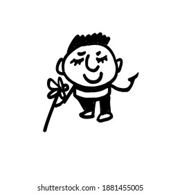 A boy with a flower in his hand. A hand-drawn cartoon character. Caricature. Vector Doodle illustration.