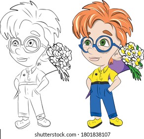 Un niño con flores detrás de su espalda en gafas, un estudiante, un escolar, un estudiante de primer grado. Estilo de caricatura. Plantilla, en blanco para colorear y colorear página. Presentación de un regalo, una sorpresa. Saludo de cumpleaños
