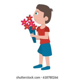 boy with flowers bouquet present