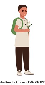 A boy with flowers goes to school on September 1. Education concept. Flat vector isolated illustration