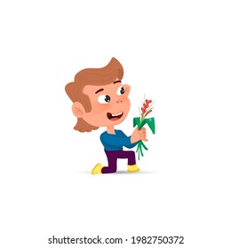 Boy with flowers on one knee, cartoon style.