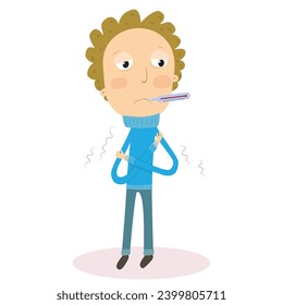 Boy with flu. Having a cold with thermometer in his mouth. Vector Illustration.