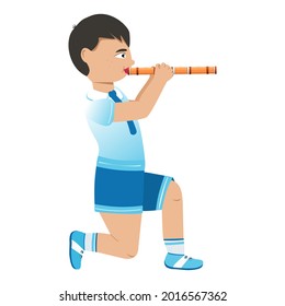 Boy flutist. Vector. Cartoon style. Music lesson. School of Music.