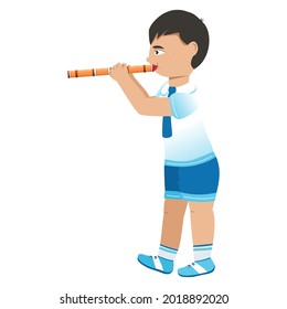 Boy flutist. Vector. Cartoon style. Music lesson. School of Music.