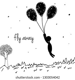 Boy fly with balloons vector illustration